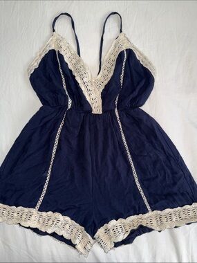 Chelsea & Violet Navy Romper with Cream Lace Trim